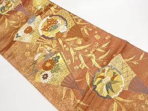 扇に草花・蝶模様織出し袋帯